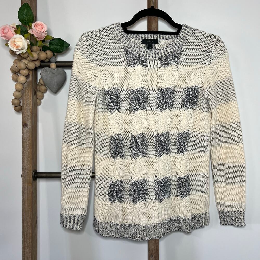 J Crew Long Sleeve Crew Neck Ivory Navy Marbled Knit Cotton Sweater Size XXS